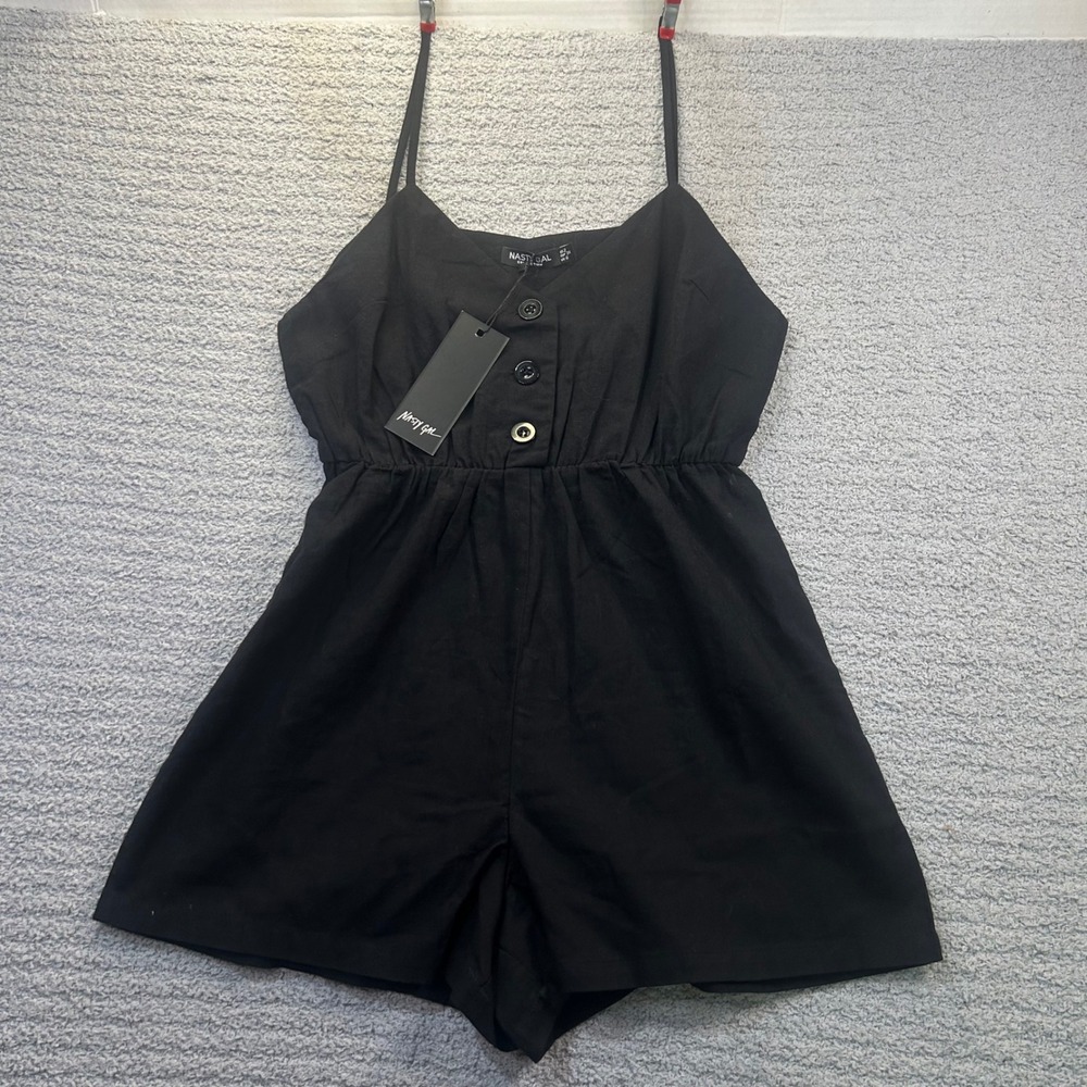 NWT Nasty Gal Romper Button Front Black Size 2 Goth Grunge Indie Minimalist Edgy